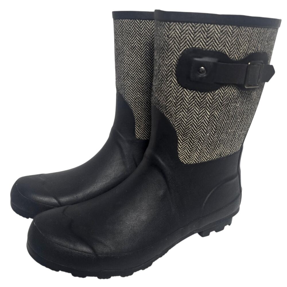 Chooka Womens 10 Mid Cafe Racer Herringbone Rain Boots Black Buckle Gorpcore